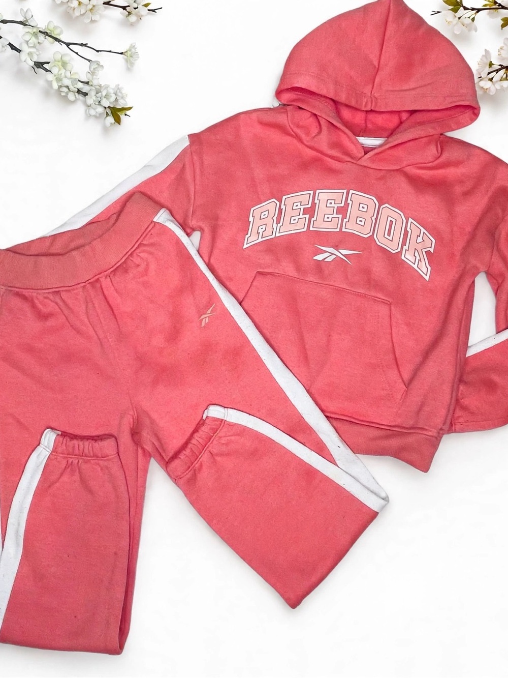 Reebok Kids Coral Hoodie and Joggers with White Stripes